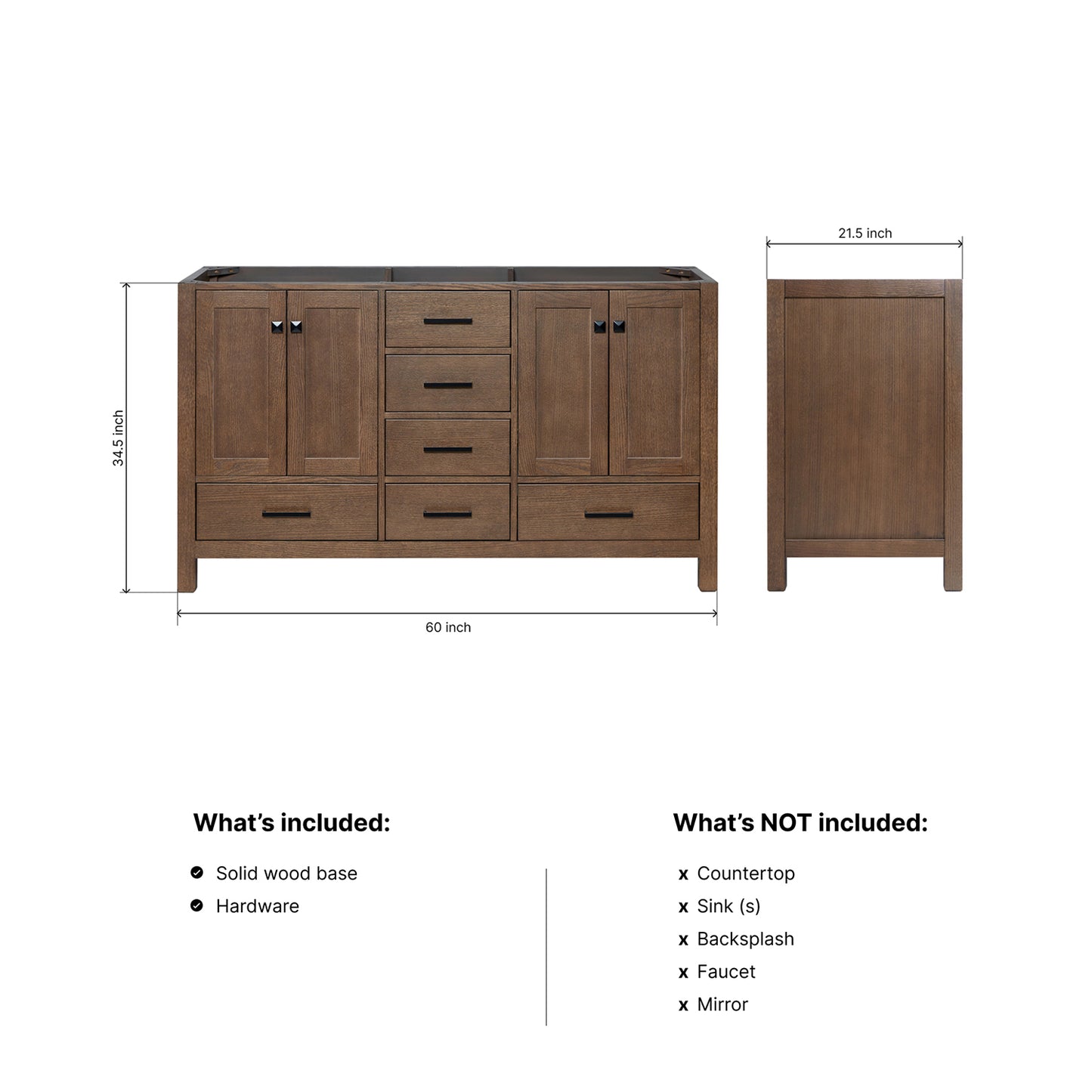 Beckford 60-inch Brown Oak base cabinet on dimensions