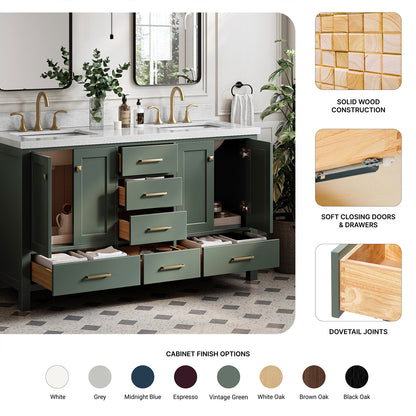 Beckford 60-inch Vintage Green base cabinet on feature highlights: solid wood frame, soft-close doors and drawers, Sherwin-Williams paint finish
