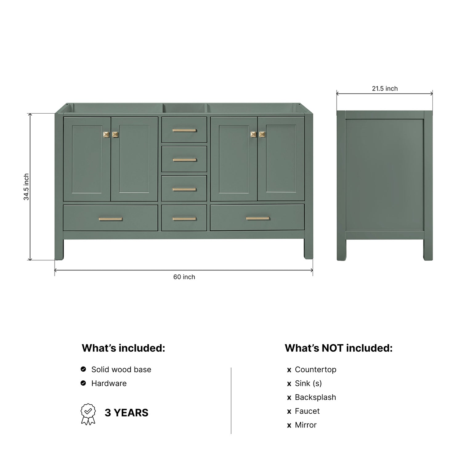 Beckford 60-inch Vintage Green base cabinet on dimensions