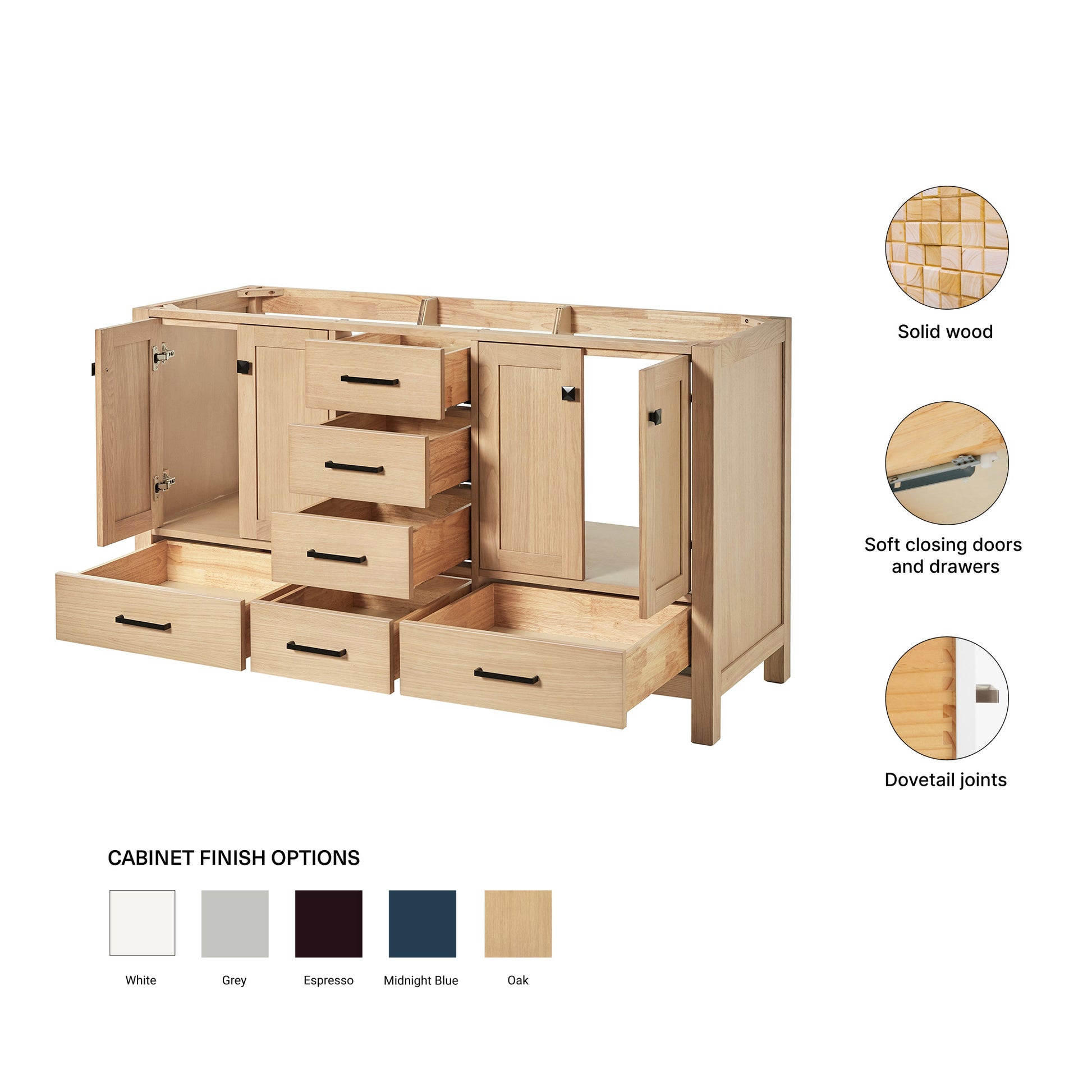 Beckford 60-inch Natural Oak base cabinet on feature highlights: solid wood frame, soft-close doors and drawers, Sherwin-Williams paint finish
