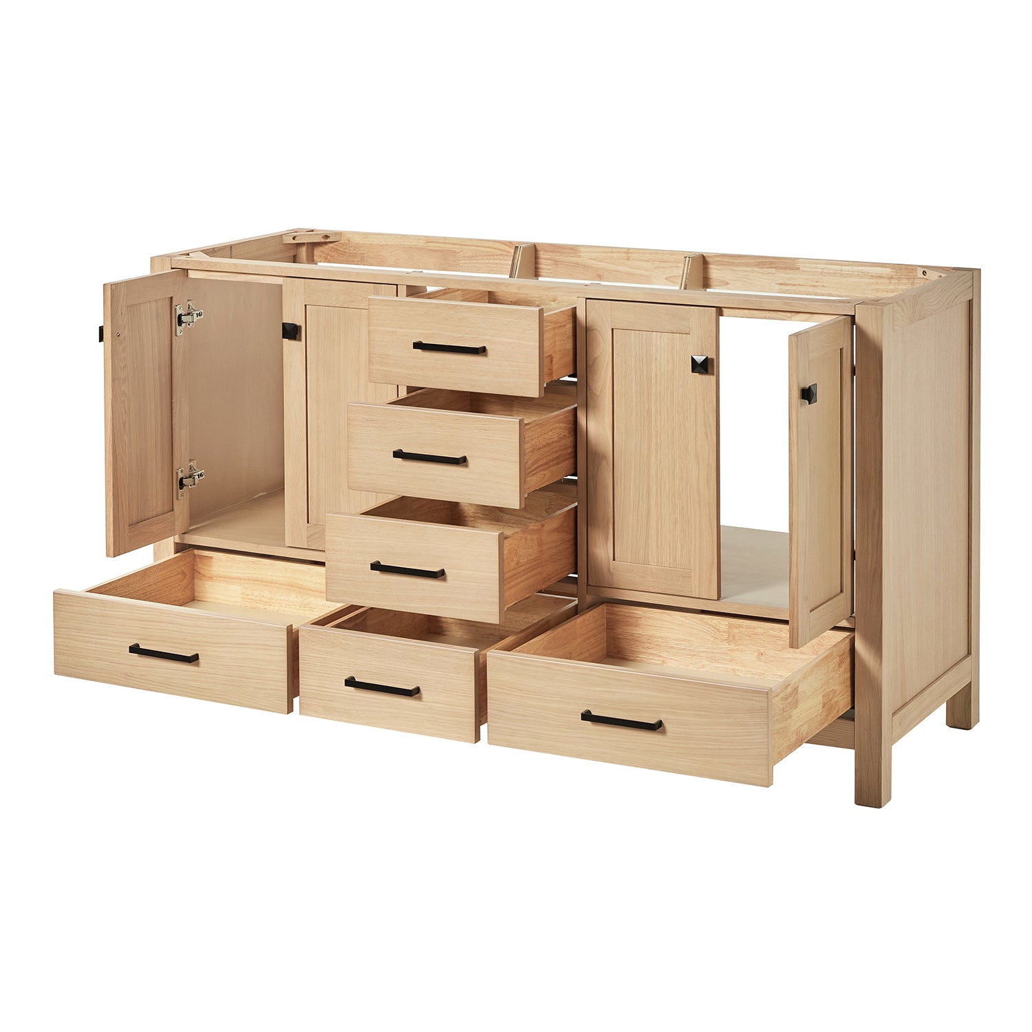 Beckford 60-inch Natural Oak base cabinet on white back ground side view open door