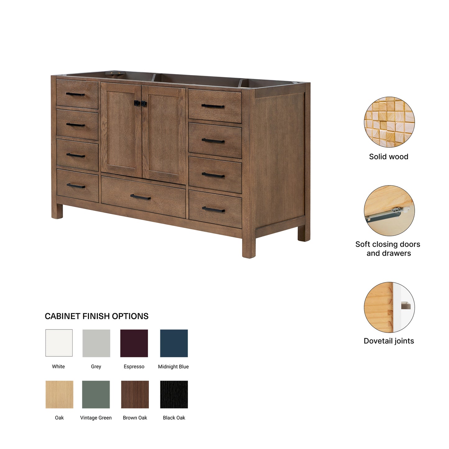 Beckford 60-inch Brown Oak base cabinet on feature highlights: solid wood frame, soft-close doors and drawers, Sherwin-Williams paint finish