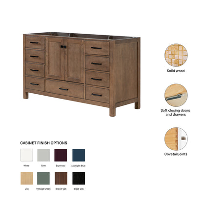 Beckford 60-inch Brown Oak base cabinet on feature highlights: solid wood frame, soft-close doors and drawers, Sherwin-Williams paint finish