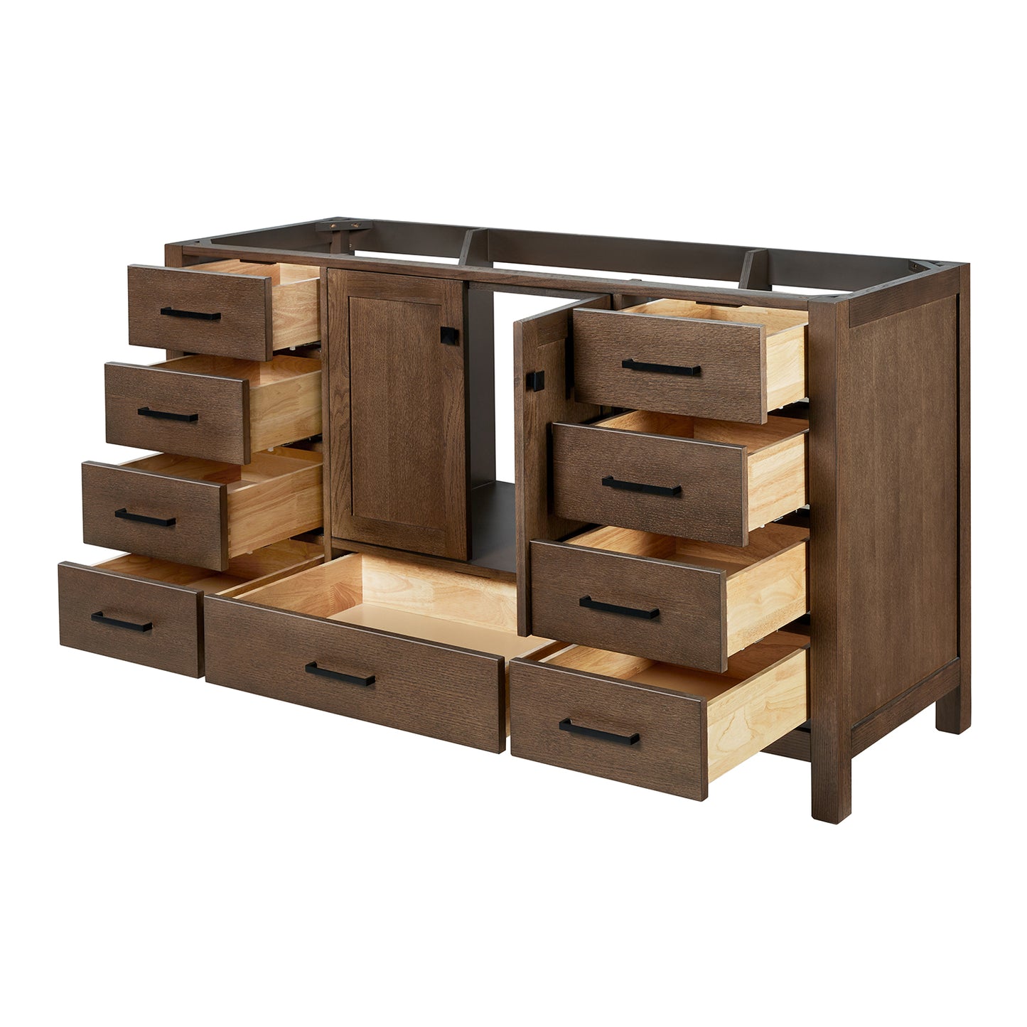 Beckford 60-inch Brown Oak base cabinet on white back ground side view open door