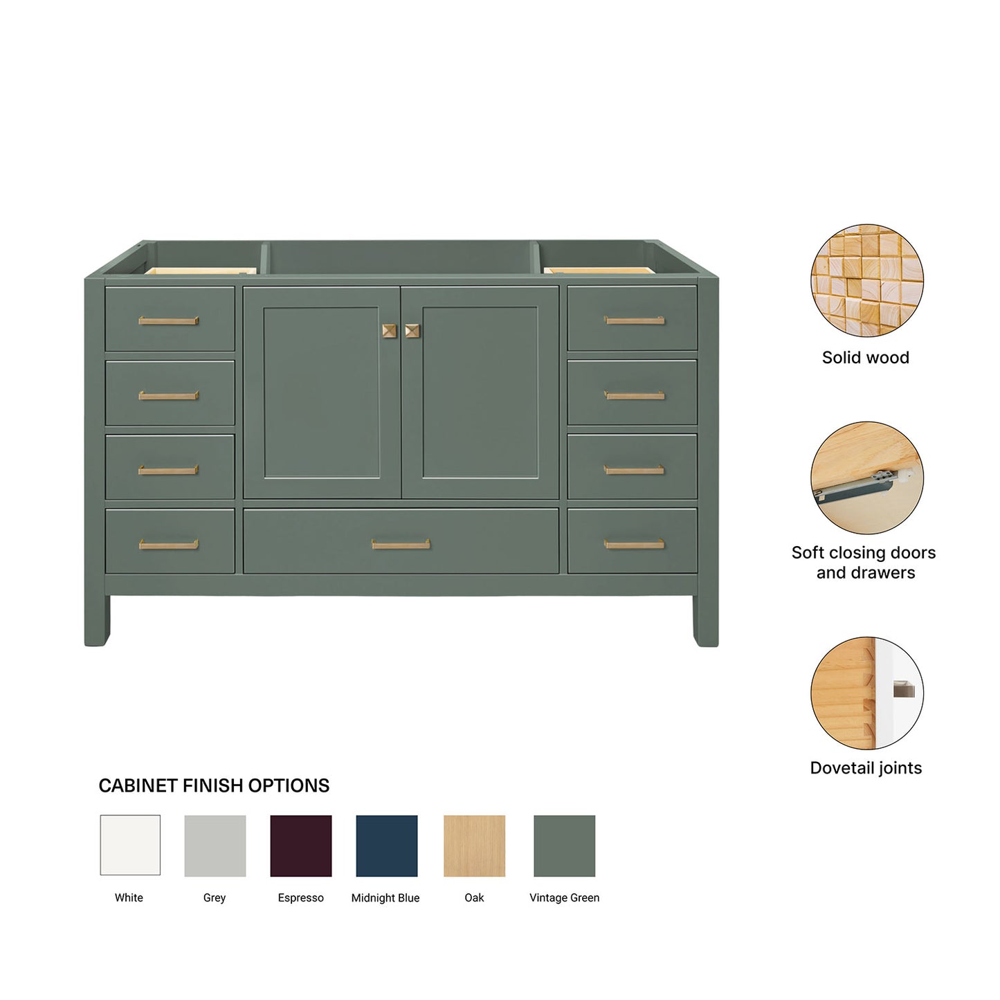 Beckford 60-inch Vintage Green base cabinet on feature highlights: solid wood frame, soft-close doors and drawers, Sherwin-Williams paint finish