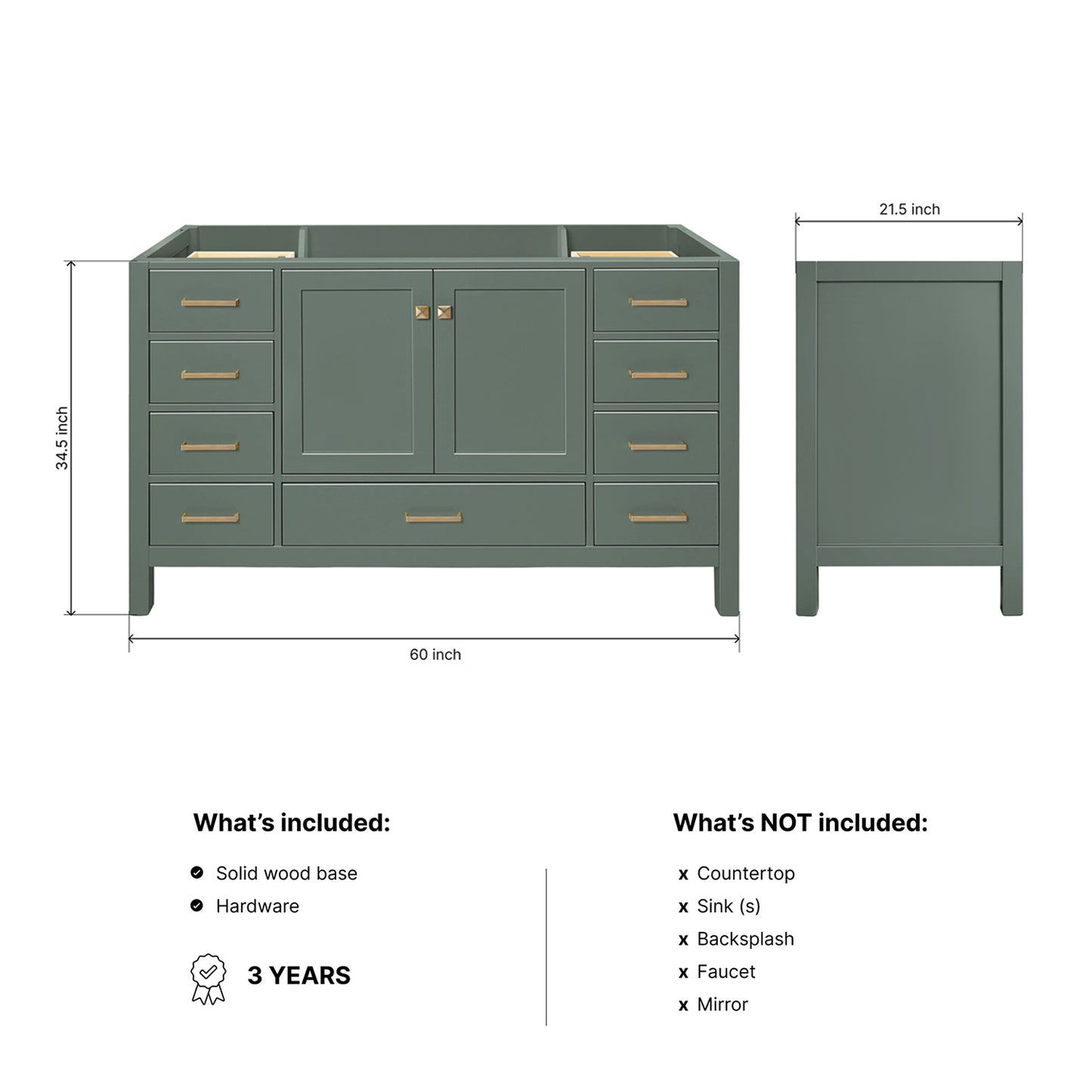 Beckford 60-inch Vintage Green base cabinet on dimensions