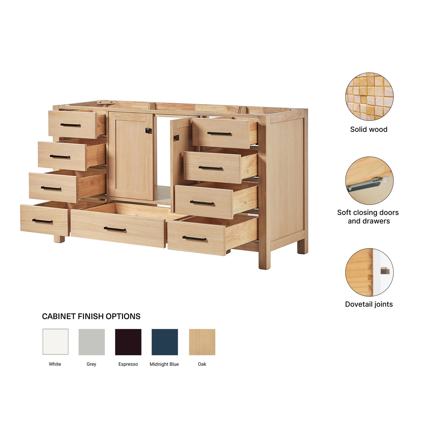 Beckford 60-inch Natural Oak base cabinet on feature highlights: solid wood frame, soft-close doors and drawers, Sherwin-Williams paint finish