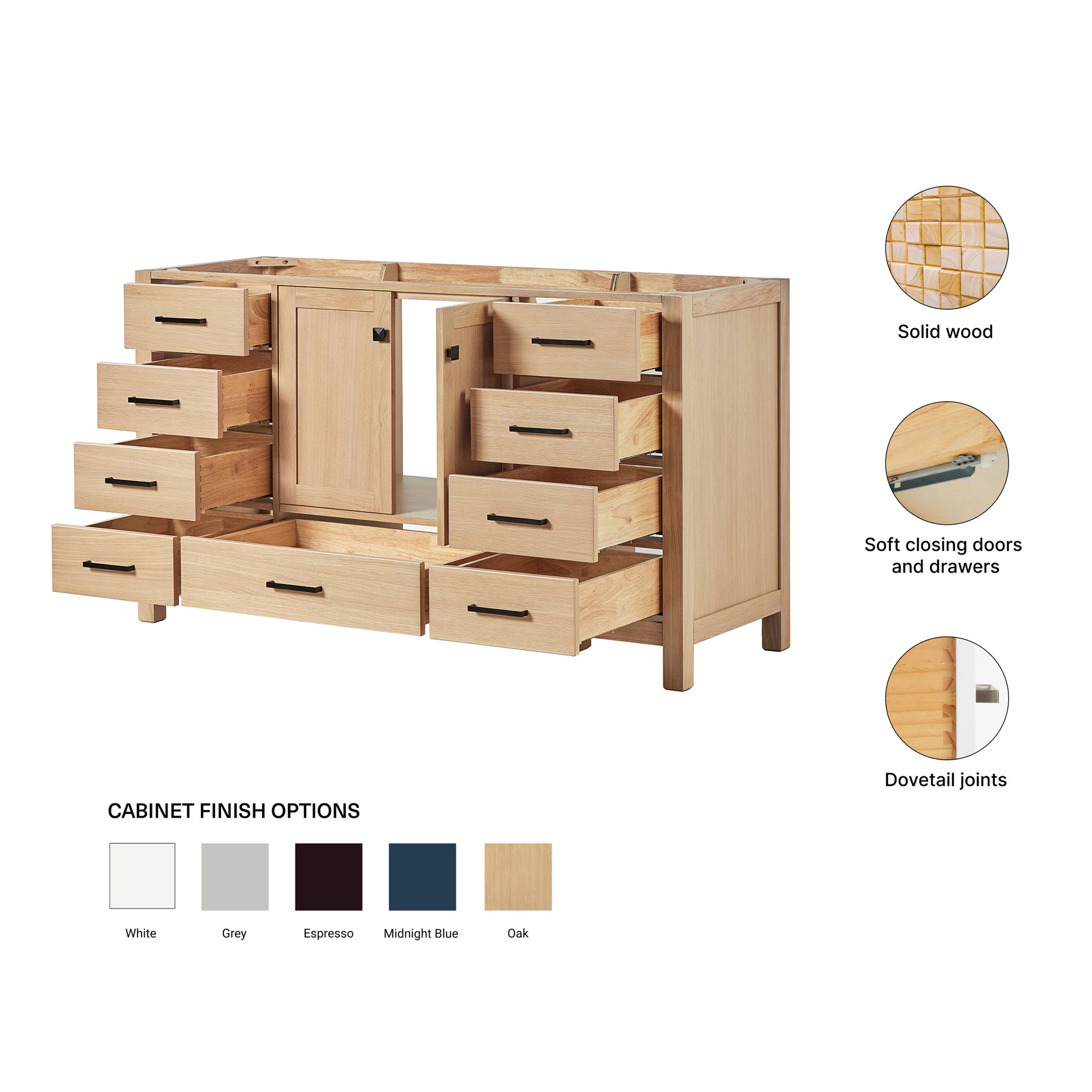 Beckford 60-inch Natural Oak base cabinet on feature highlights: solid wood frame, soft-close doors and drawers, Sherwin-Williams paint finish