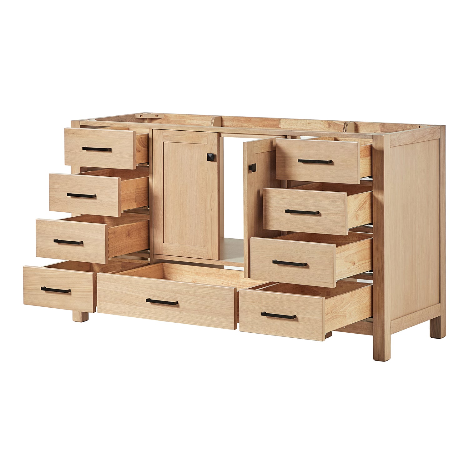 Beckford 60-inch Natural Oak base cabinet on white back ground side view open door