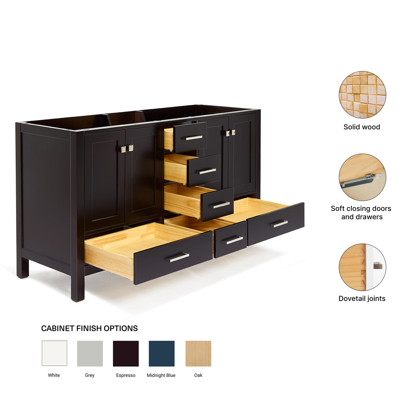 Beckford 60-inch Espresso base cabinet on feature highlights: solid wood frame, soft-close doors and drawers, Sherwin-Williams paint finish