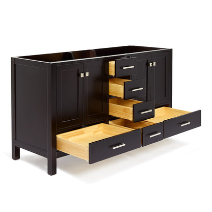 Beckford 60-inch Espresso base cabinet on white back ground side view open door