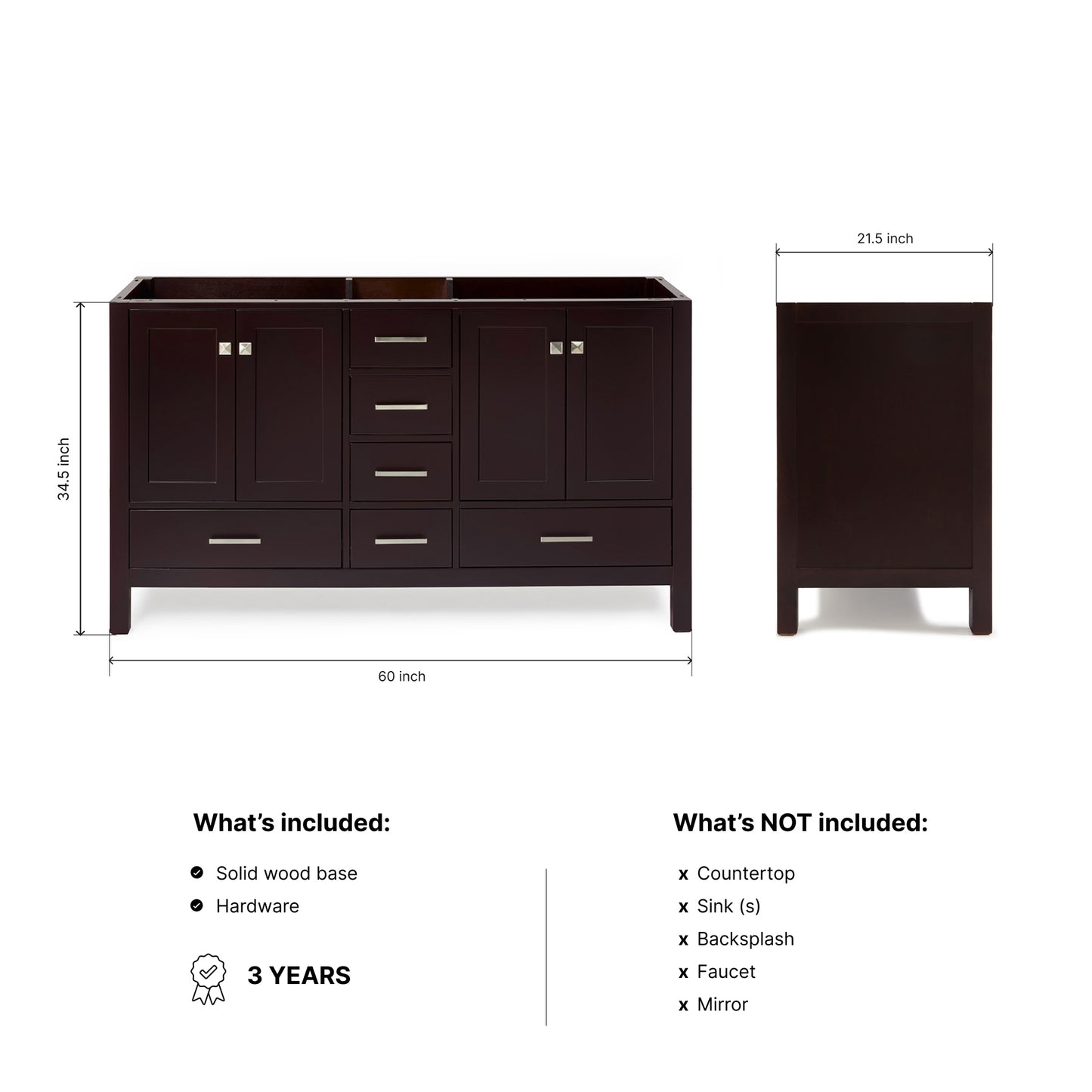 Beckford 60-inch Espresso base cabinet on dimensions
