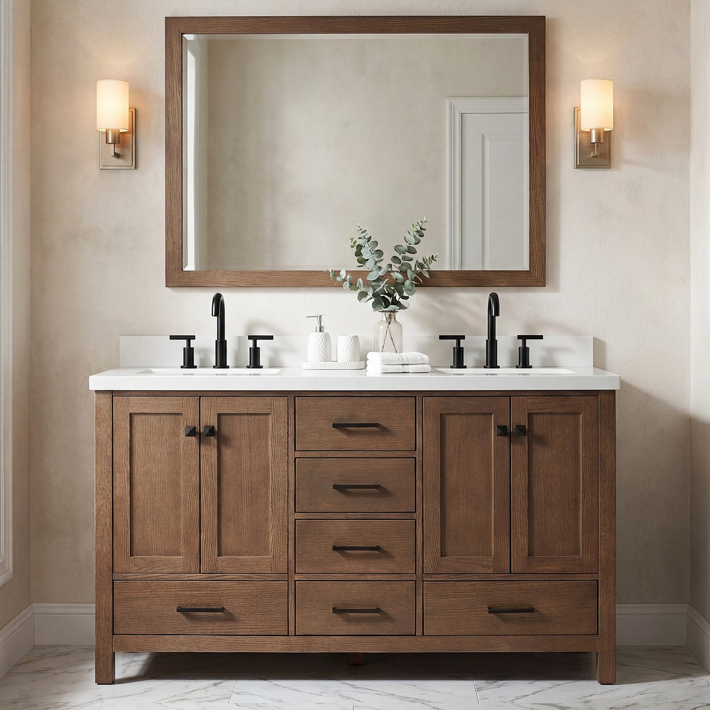 Beckford 60-Inch Brown Oak bathroom vanity in styled bathroom setting