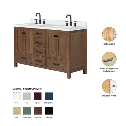 Beckford 60-Inch Brown Oak bathroom vanity – feature highlights: solid wood frame, soft-close doors and drawers, Sherwin-Williams paint finish