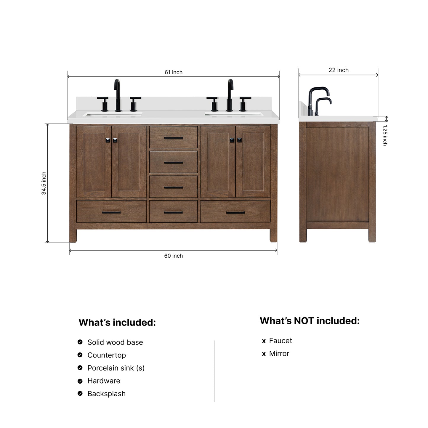 Beckford 60-Inch Brown Oak bathroom vanity dimensions