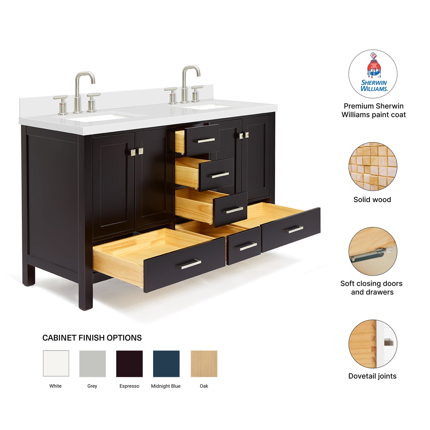 Beckford 60-Inch Espresso bathroom vanity – feature highlights: solid wood frame, soft-close doors and drawers, Sherwin-Williams paint finish