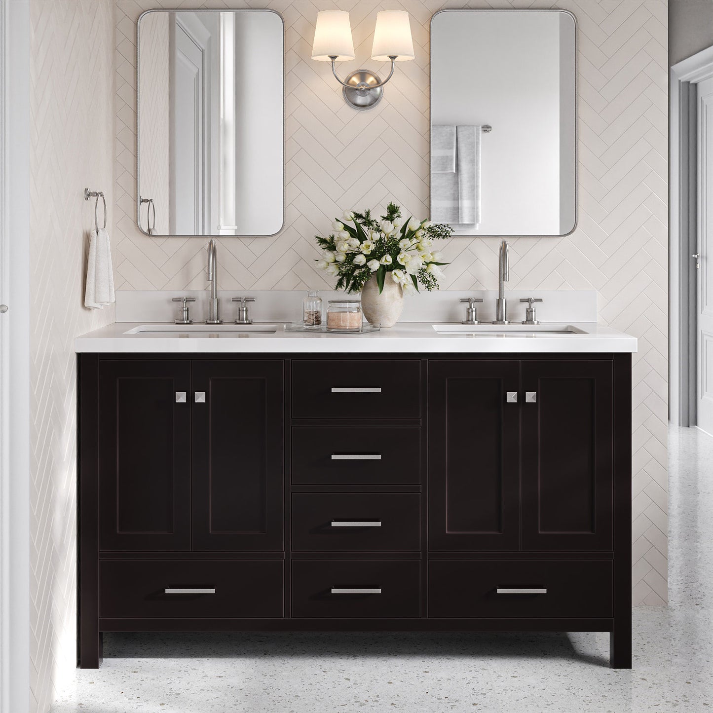 Beckford 60-Inch Espresso bathroom vanity in styled bathroom setting