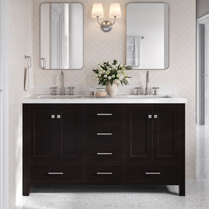 Beckford 60-Inch Espresso bathroom vanity in styled bathroom setting