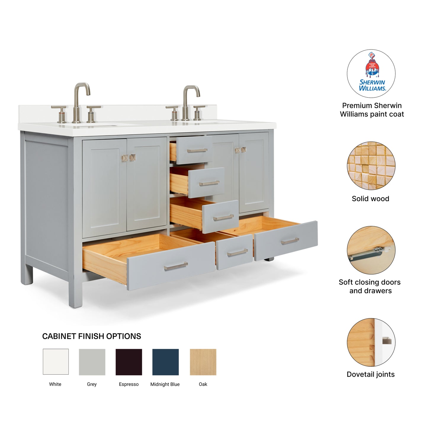 Beckford 60-Inch Grey bathroom vanity – feature highlights: solid wood frame, soft-close doors and drawers, Sherwin-Williams paint finish
