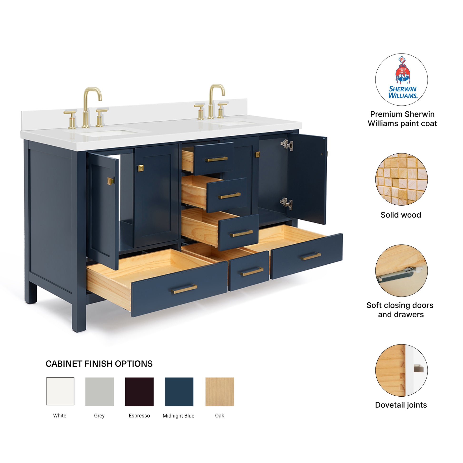Beckford 60-Inch Midnight Blue bathroom vanity – feature highlights: solid wood frame, soft-close doors and drawers, Sherwin-Williams paint finish