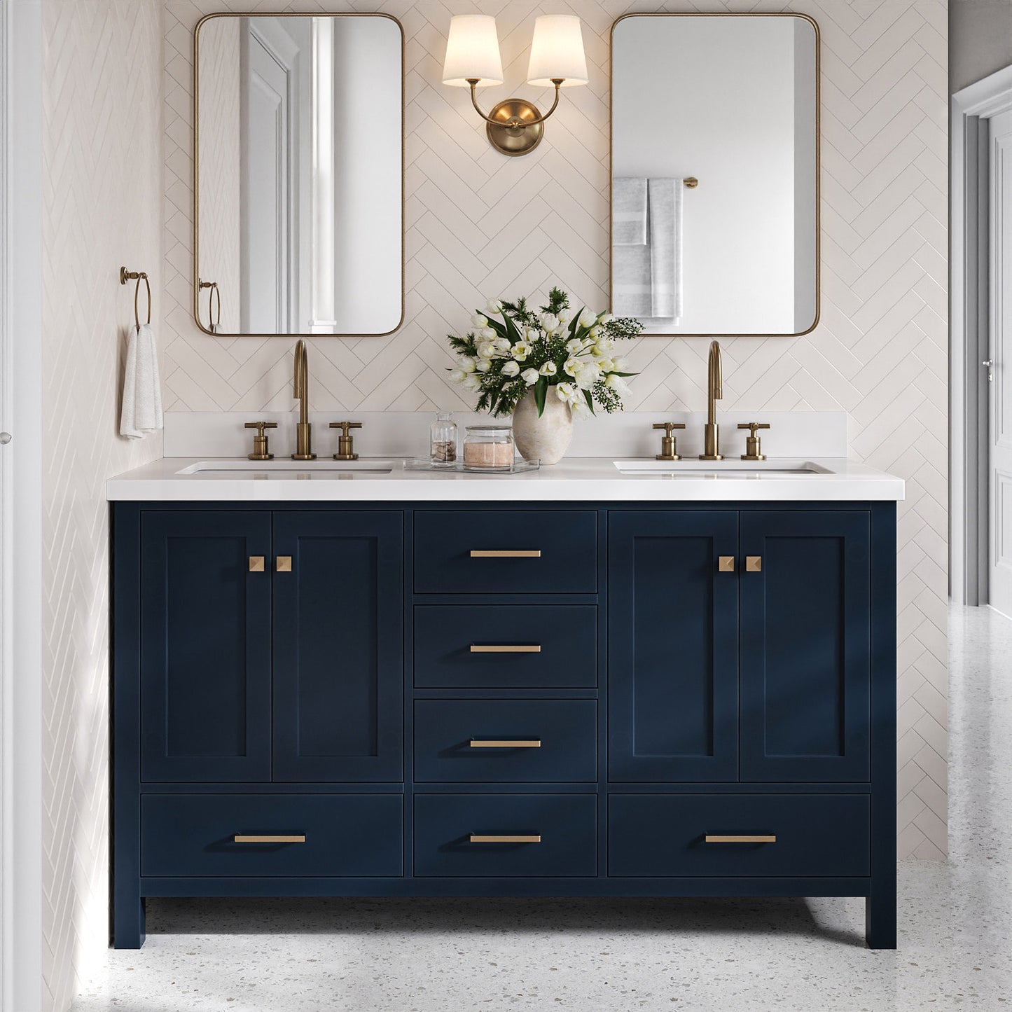 Beckford 60-Inch Midnight Blue bathroom vanity in styled bathroom setting