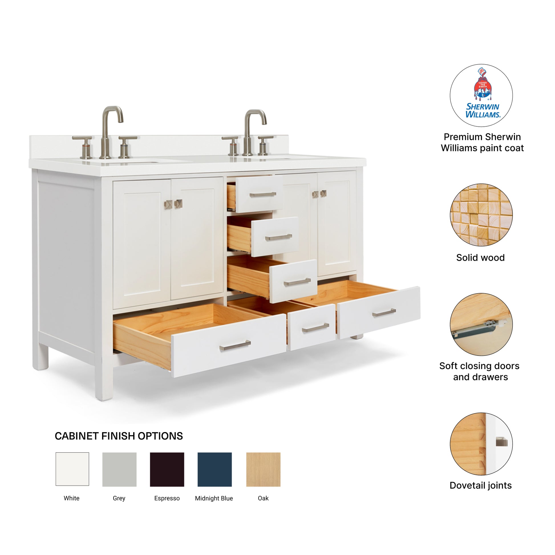 Beckford 60-Inch White bathroom vanity – feature highlights: solid wood frame, soft-close doors and drawers, Sherwin-Williams paint finish