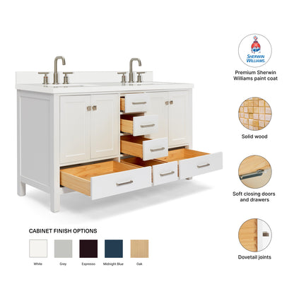 Beckford 60-Inch White bathroom vanity – feature highlights: solid wood frame, soft-close doors and drawers, Sherwin-Williams paint finish