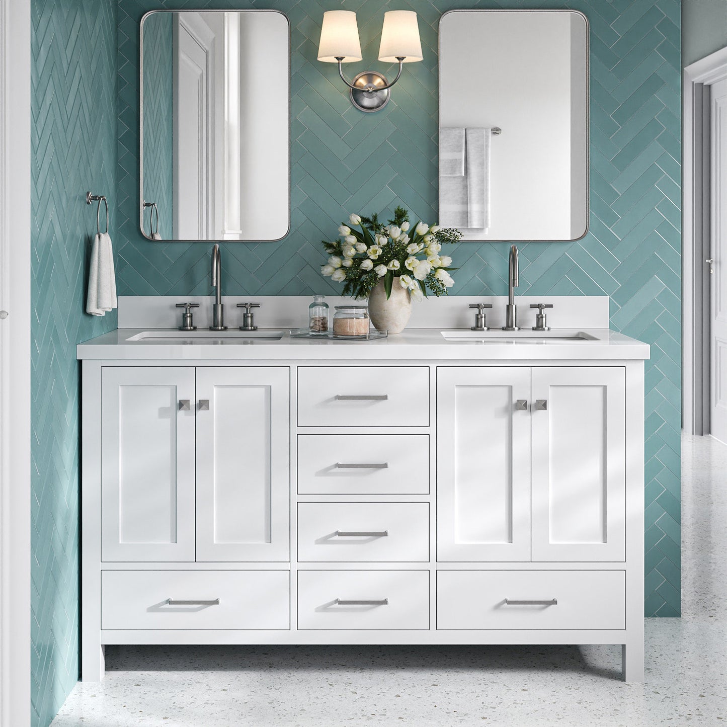 Beckford 60-Inch White bathroom vanity in styled bathroom setting