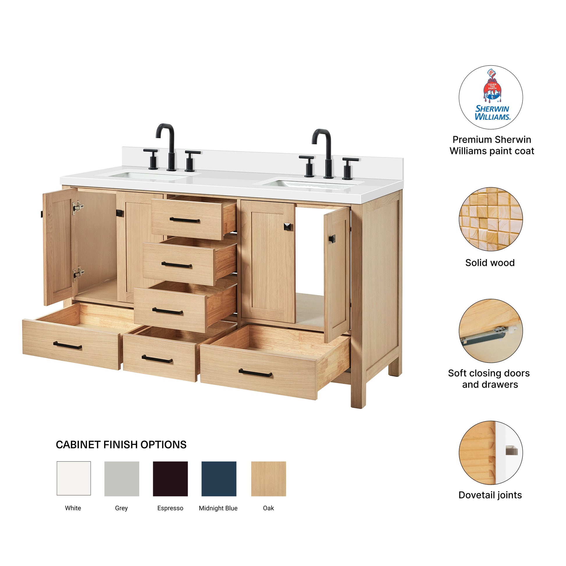 Beckford 60-Inch White Oak bathroom vanity – feature highlights: solid wood frame, soft-close doors and drawers, Sherwin-Williams paint finish