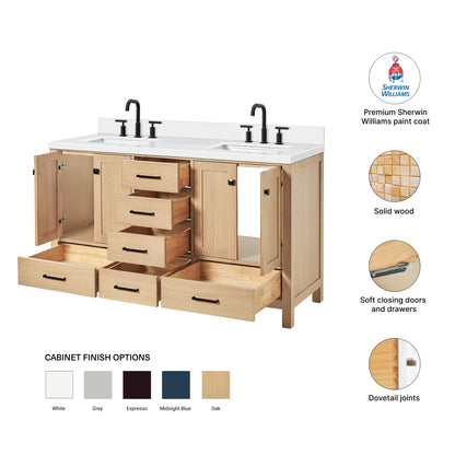 Beckford 60-Inch White Oak bathroom vanity – feature highlights: solid wood frame, soft-close doors and drawers, Sherwin-Williams paint finish