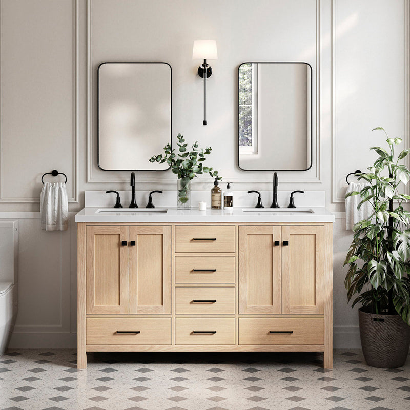 Beckford 60-Inch White Oak bathroom vanity in styled bathroom setting
