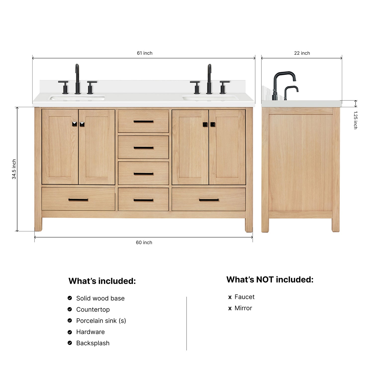 Beckford 60-Inch White Oak bathroom vanity dimensions