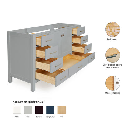 Beckford 60-inch Grey base cabinet on feature highlights: solid wood frame, soft-close doors and drawers, Sherwin-Williams paint finish