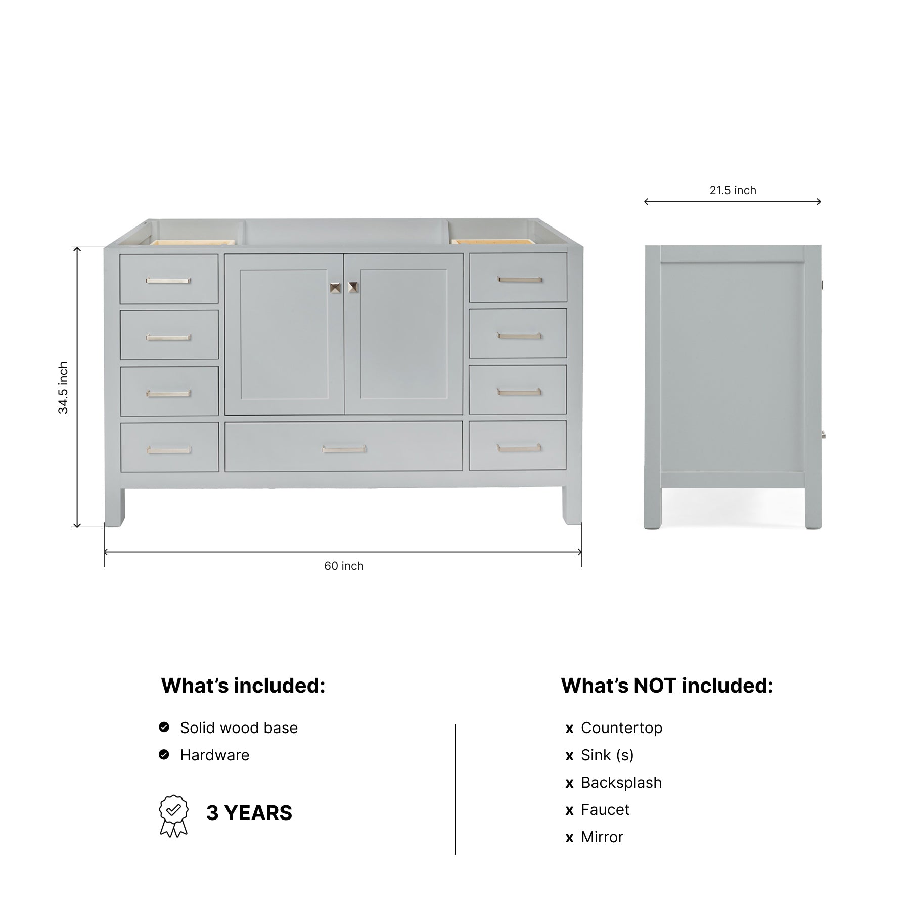 Beckford 60-inch Grey base cabinet on dimensions