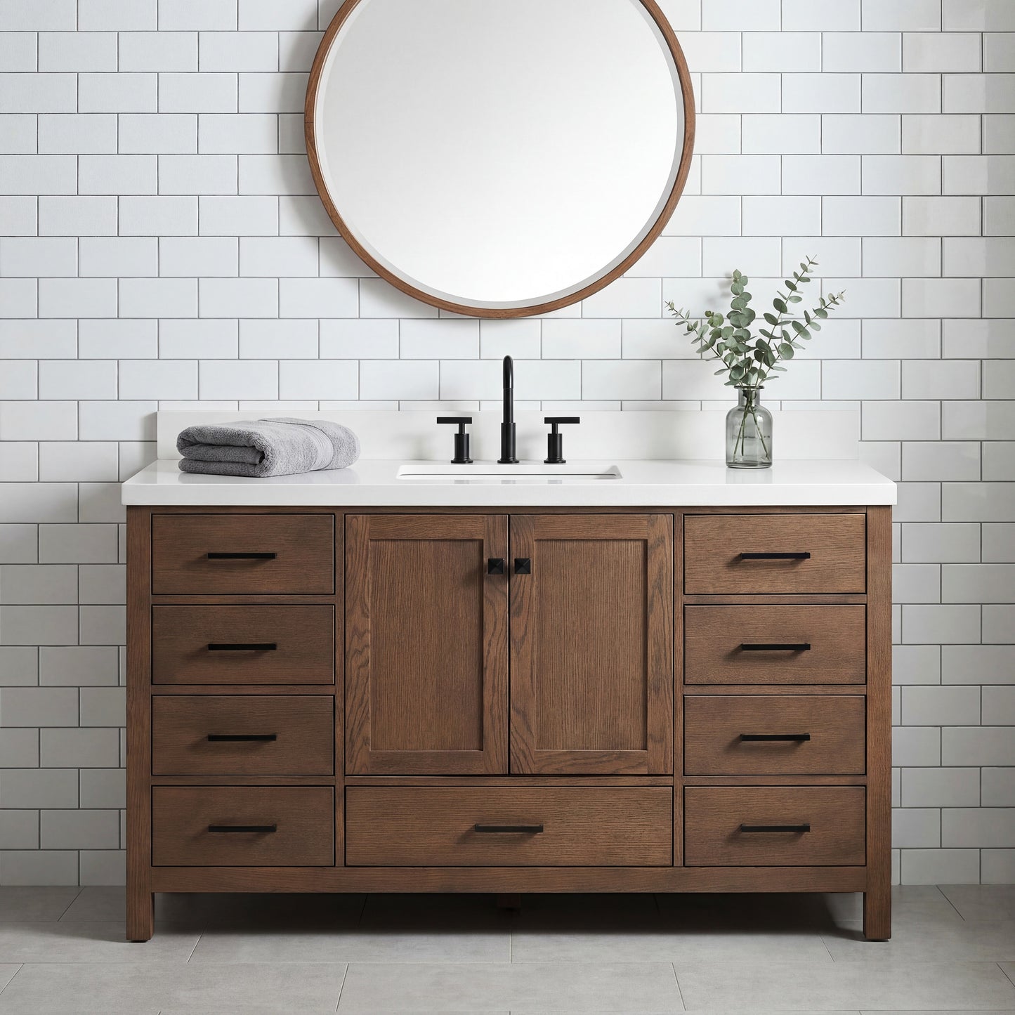Beckford 60-Inch Brown Oak bathroom vanity in styled bathroom setting