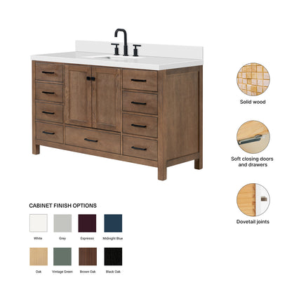 Beckford 60-Inch Brown Oak bathroom vanity – feature highlights: solid wood frame, soft-close doors and drawers, Sherwin-Williams paint finish