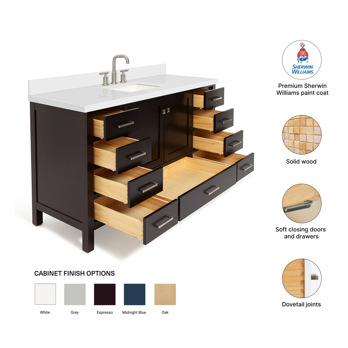 Beckford 60-Inch Espresso bathroom vanity – feature highlights: solid wood frame, soft-close doors and drawers, Sherwin-Williams paint finish