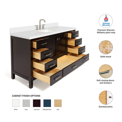 Beckford 60-Inch Espresso bathroom vanity – feature highlights: solid wood frame, soft-close doors and drawers, Sherwin-Williams paint finish