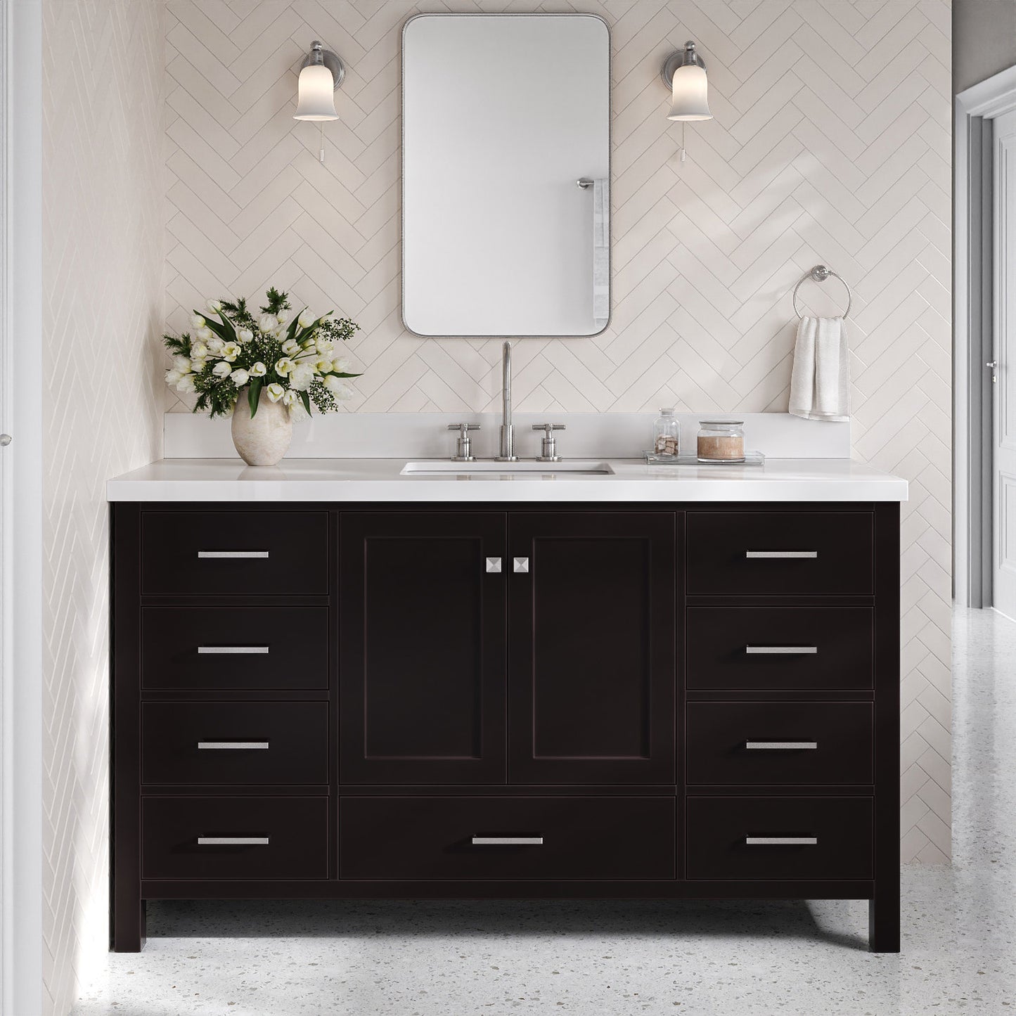 Beckford 60-Inch Espresso bathroom vanity in styled bathroom setting