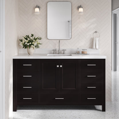 Beckford 60-Inch Espresso bathroom vanity in styled bathroom setting