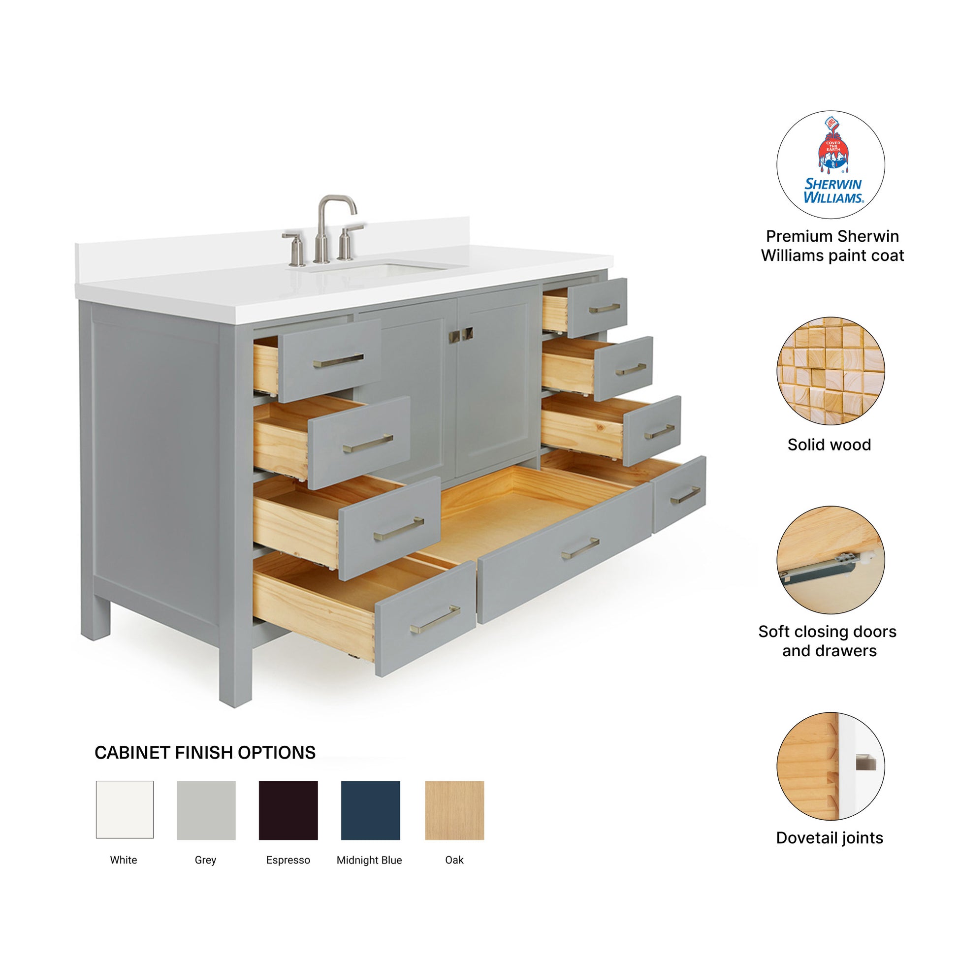 Beckford 60-Inch Grey bathroom vanity – feature highlights: solid wood frame, soft-close doors and drawers, Sherwin-Williams paint finish