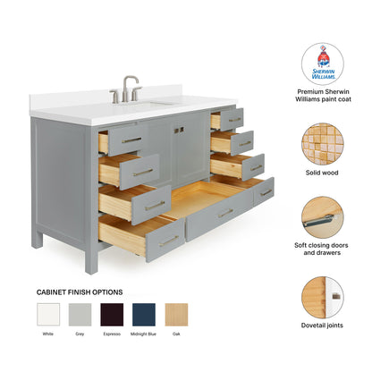 Beckford 60-Inch Grey bathroom vanity – feature highlights: solid wood frame, soft-close doors and drawers, Sherwin-Williams paint finish