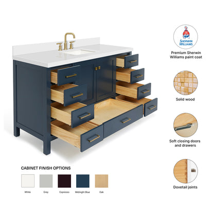 Beckford 60-Inch Midnight Blue bathroom vanity – feature highlights: solid wood frame, soft-close doors and drawers, Sherwin-Williams paint finish