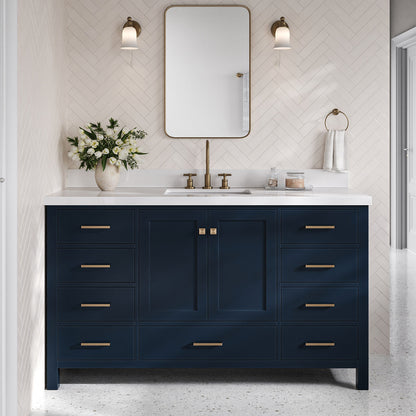 Beckford 60-Inch Midnight Blue bathroom vanity in styled bathroom setting