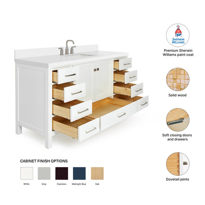 Beckford 60-Inch White bathroom vanity – feature highlights: solid wood frame, soft-close doors and drawers, Sherwin-Williams paint finish