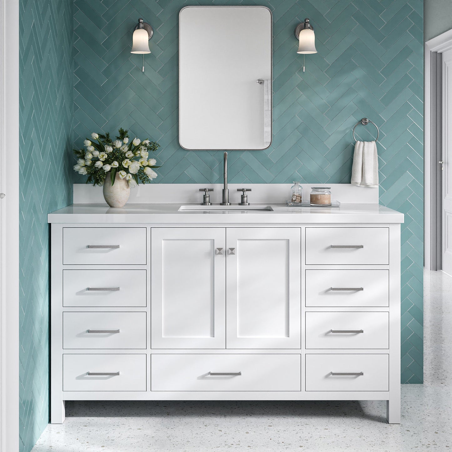 Beckford 60-Inch White bathroom vanity in styled bathroom setting
