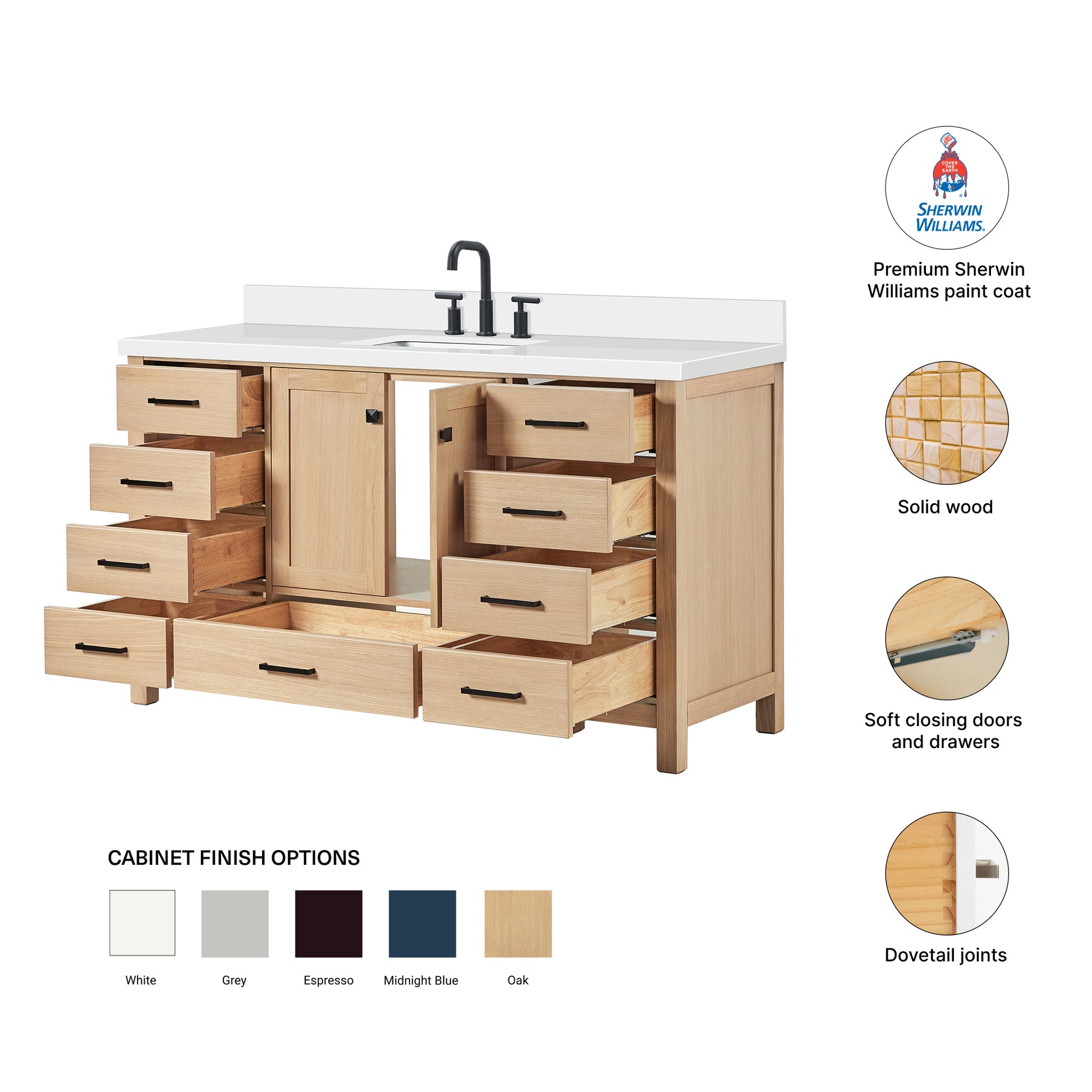 Beckford 60-Inch White Oak bathroom vanity – feature highlights: solid wood frame, soft-close doors and drawers, Sherwin-Williams paint finish