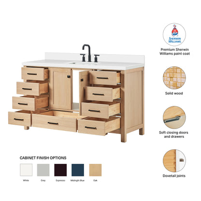 Beckford 60-Inch White Oak bathroom vanity – feature highlights: solid wood frame, soft-close doors and drawers, Sherwin-Williams paint finish