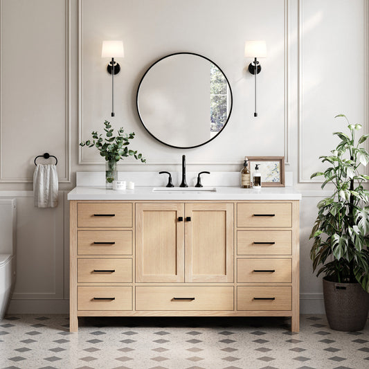 Beckford 60-Inch White Oak bathroom vanity in styled bathroom setting