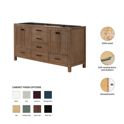 Beckford 66-inch Brown Oak base cabinet on feature highlights: solid wood frame, soft-close doors and drawers, Sherwin-Williams paint finish